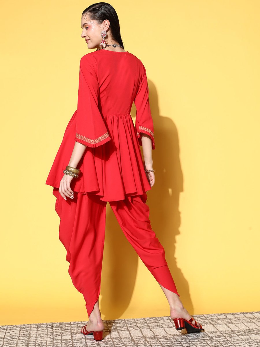 Ahalyaa Women Red Pleated Gotta Patti Kurti with Dhoti Pants - Distacart