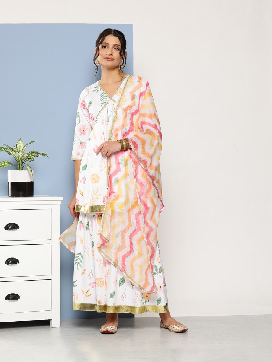 Ahalyaa Women White Floral Printed Pleated Kurta with Sharara & With Dupatta - Distacart