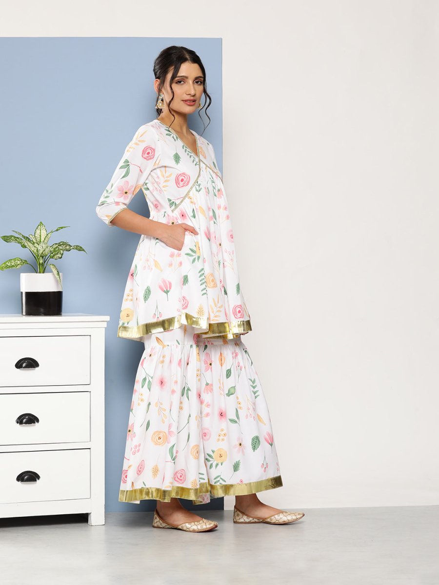 Ahalyaa Women White Floral Printed Pleated Kurta with Sharara & With Dupatta - Distacart