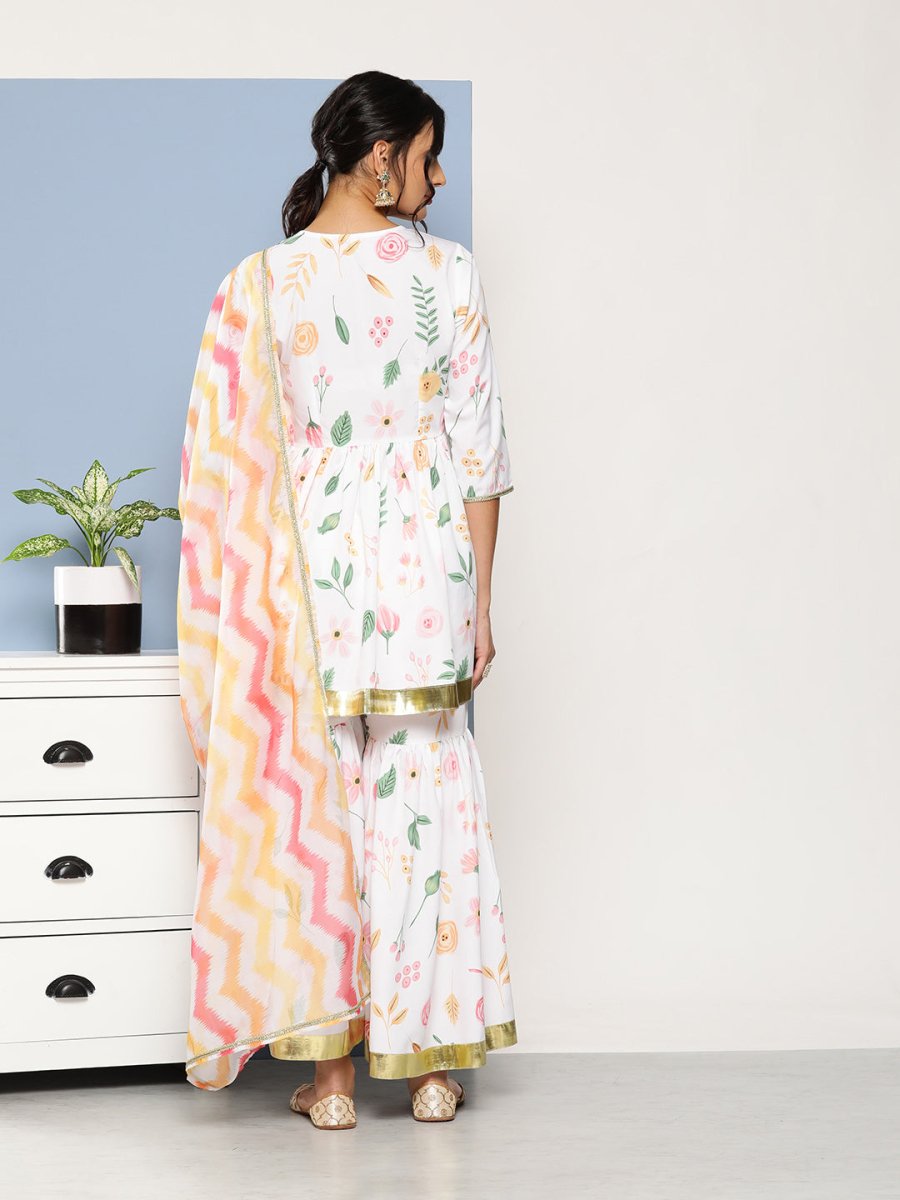 Ahalyaa Women White Floral Printed Pleated Kurta with Sharara & With Dupatta - Distacart