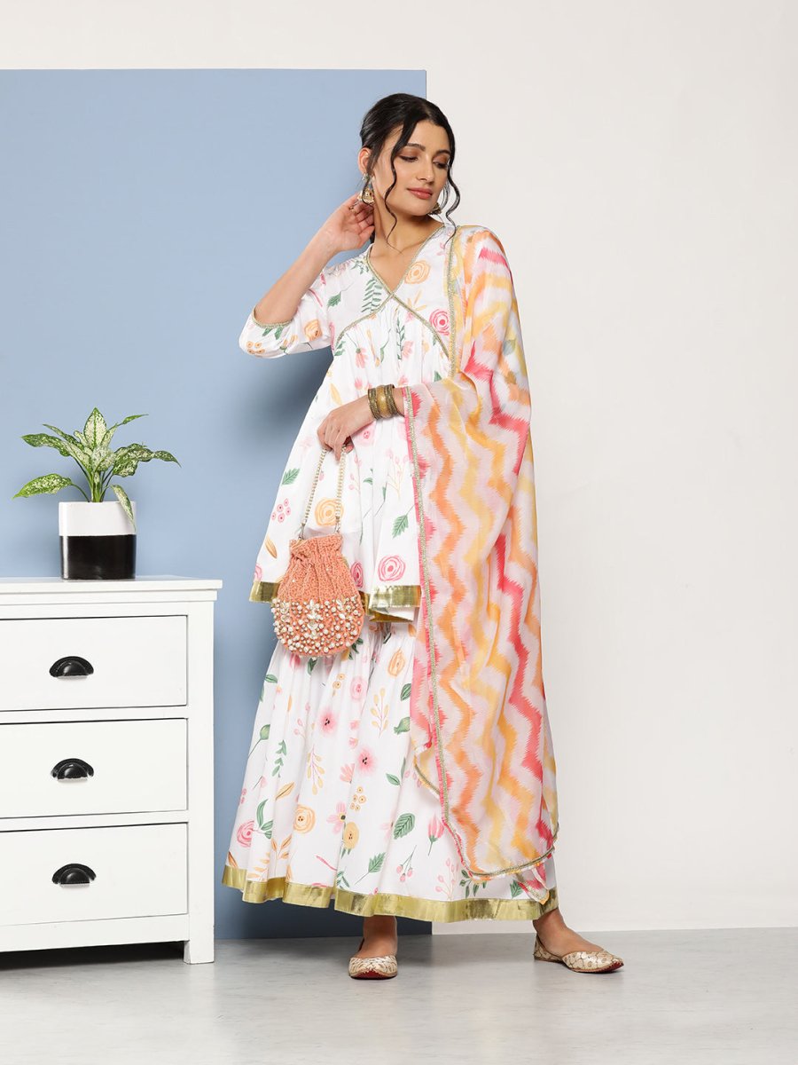 Ahalyaa Women White Floral Printed Pleated Kurta with Sharara & With Dupatta - Distacart