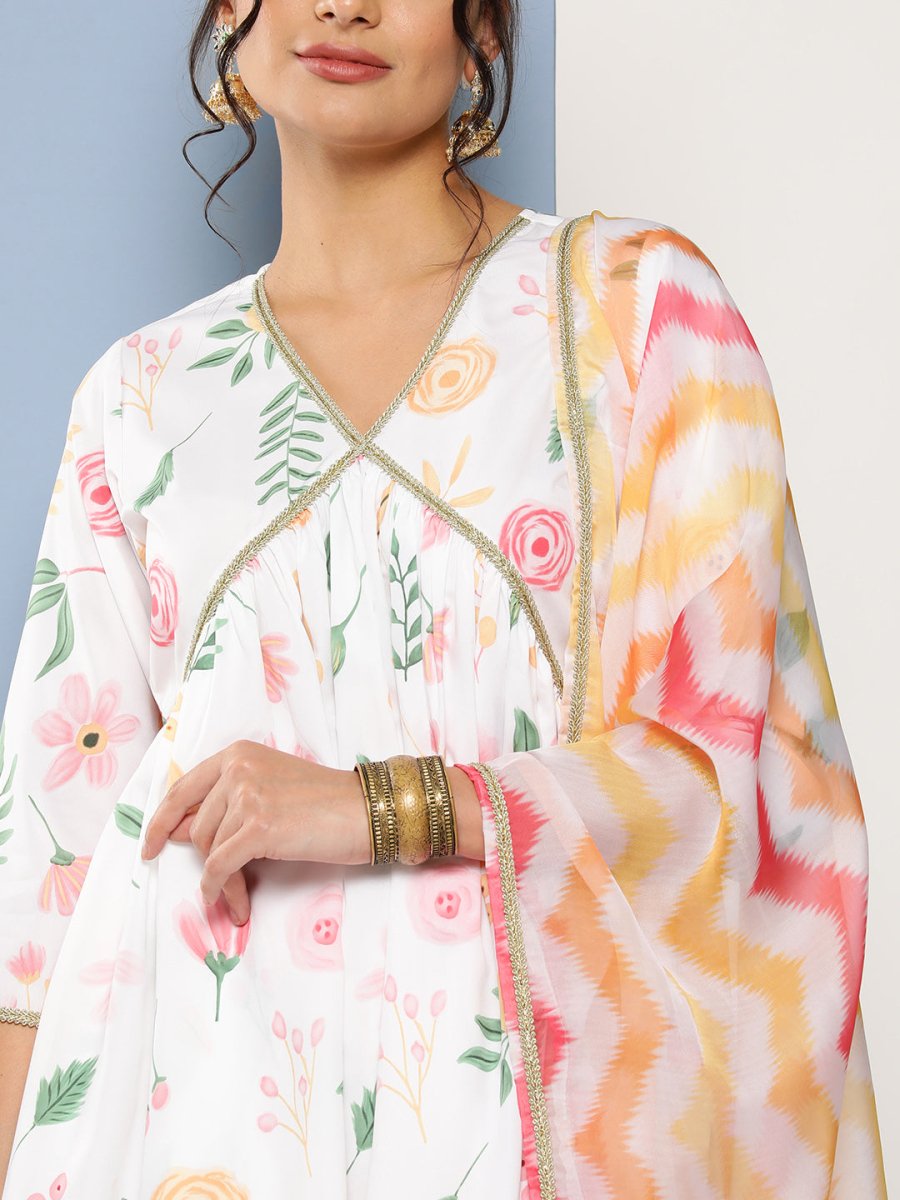 Ahalyaa Women White Floral Printed Pleated Kurta with Sharara & With Dupatta - Distacart