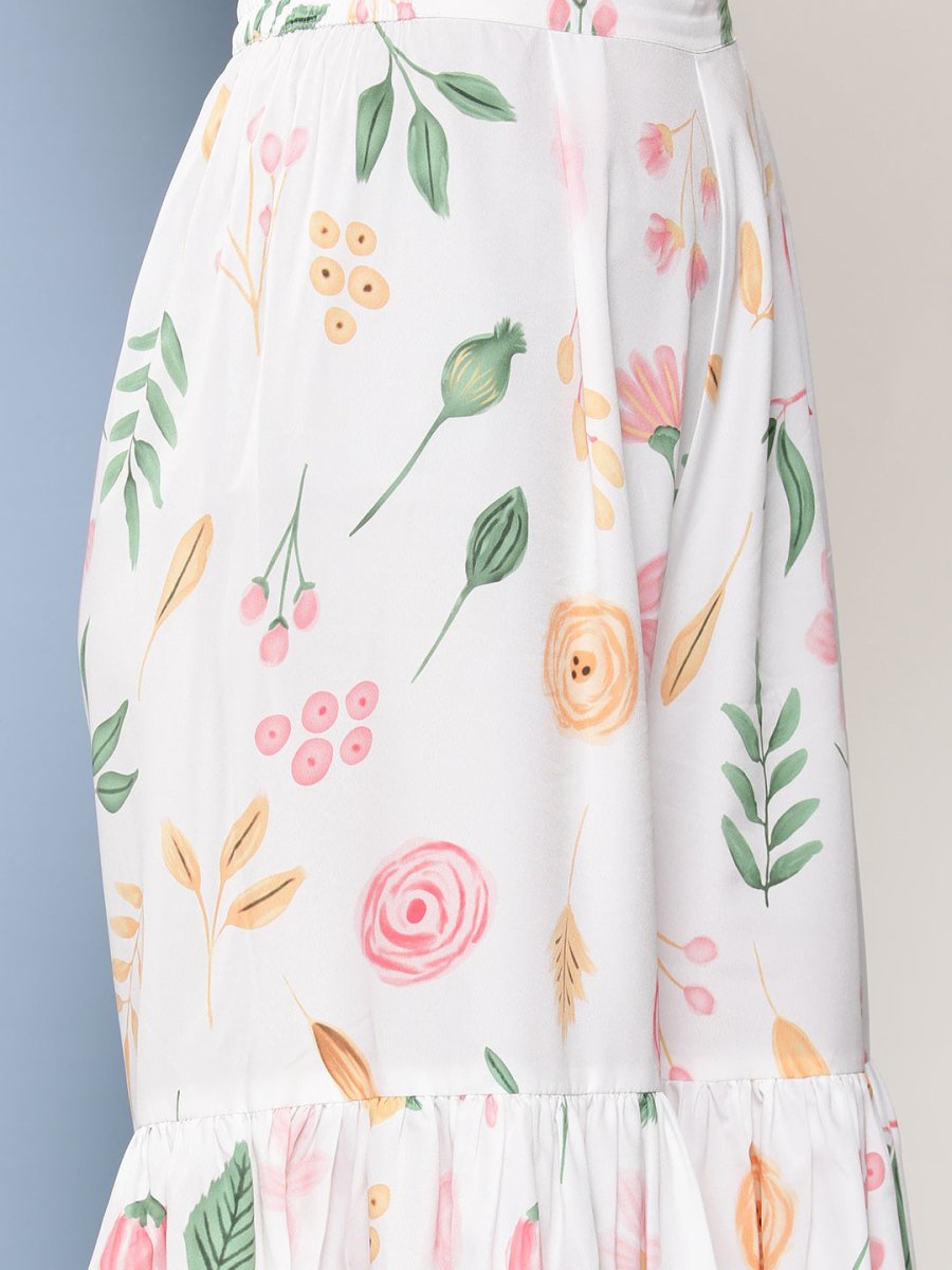 Ahalyaa Women White Floral Printed Pleated Kurta with Sharara & With Dupatta - Distacart