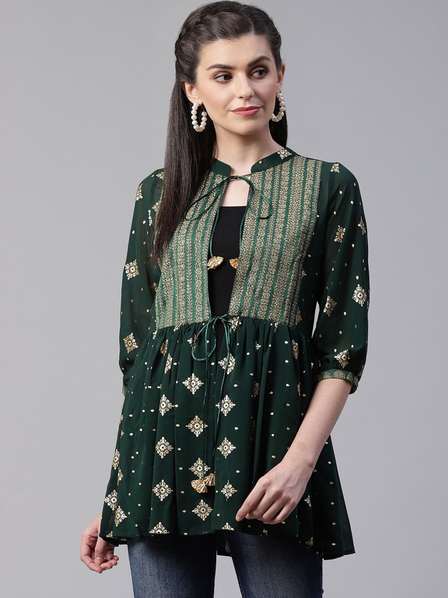 Ahalyaa Women's Green & Golden Printed Semi-Sheer Front-Open Kediya Tunic