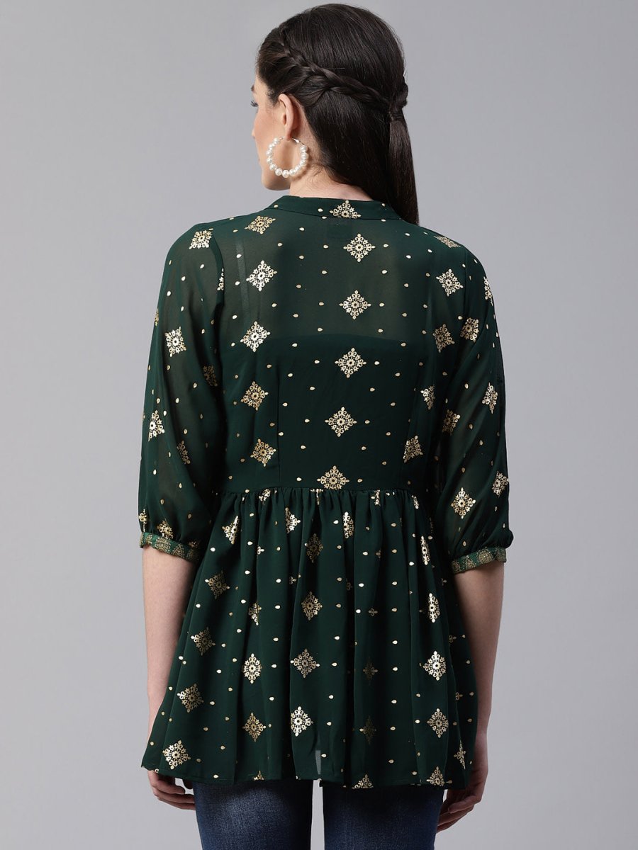 Ahalyaa Women's Green & Golden Printed Semi-Sheer Front-Open Kediya Tunic