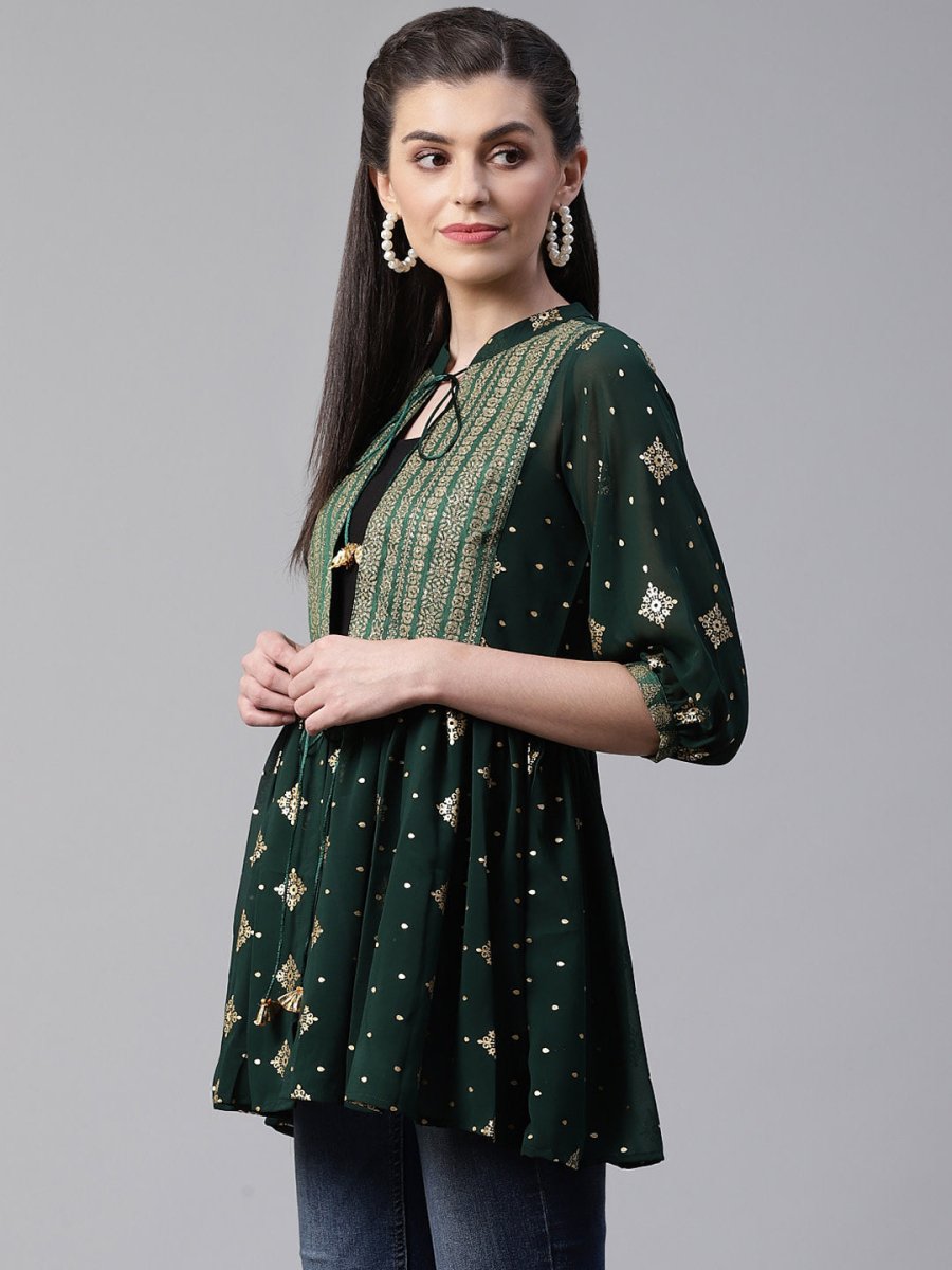 Ahalyaa Women's Green & Golden Printed Semi-Sheer Front-Open Kediya Tunic