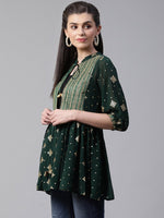 Thumbnail for Ahalyaa Women's Green & Golden Printed Semi-Sheer Front-Open Kediya Tunic
