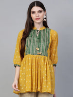Thumbnail for Ahalyaa Women's Mustard Yellow & Green Printed A-Line Tunic