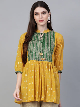 Ahalyaa Women's Mustard Yellow & Green Printed A-Line Tunic