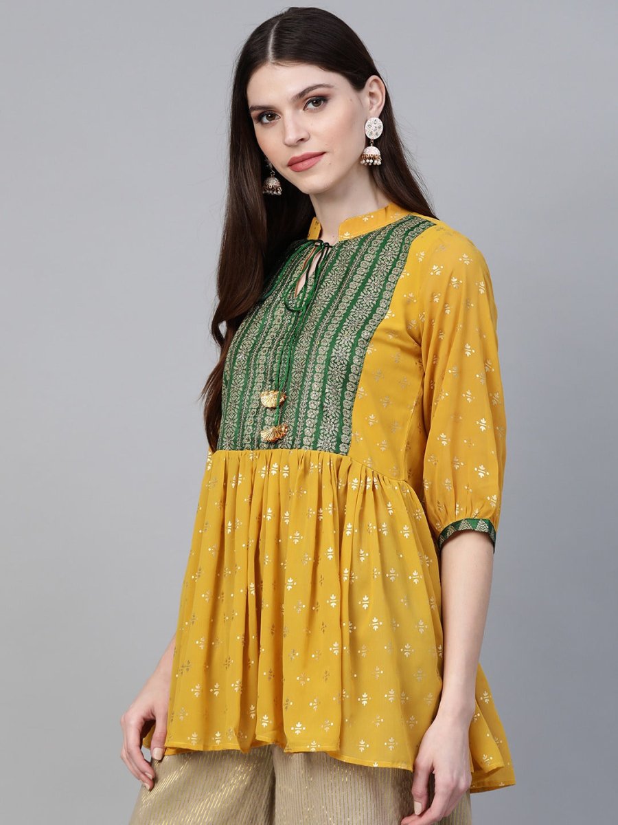 Ahalyaa Women's Mustard Yellow & Green Printed A-Line Tunic