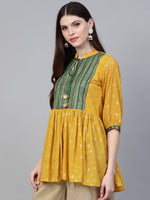 Thumbnail for Ahalyaa Women's Mustard Yellow & Green Printed A-Line Tunic
