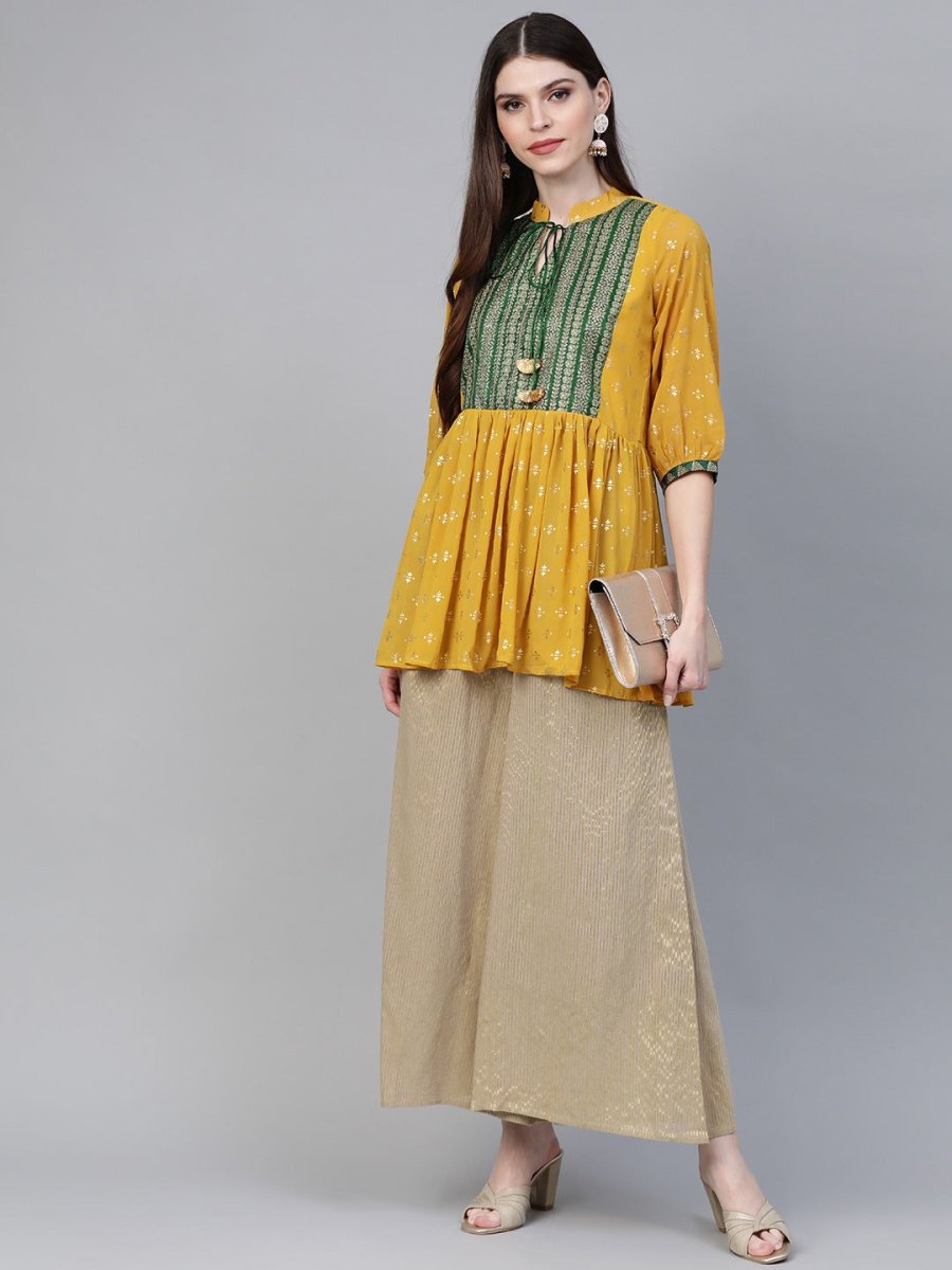 Ahalyaa Women's Mustard Yellow & Green Printed A-Line Tunic