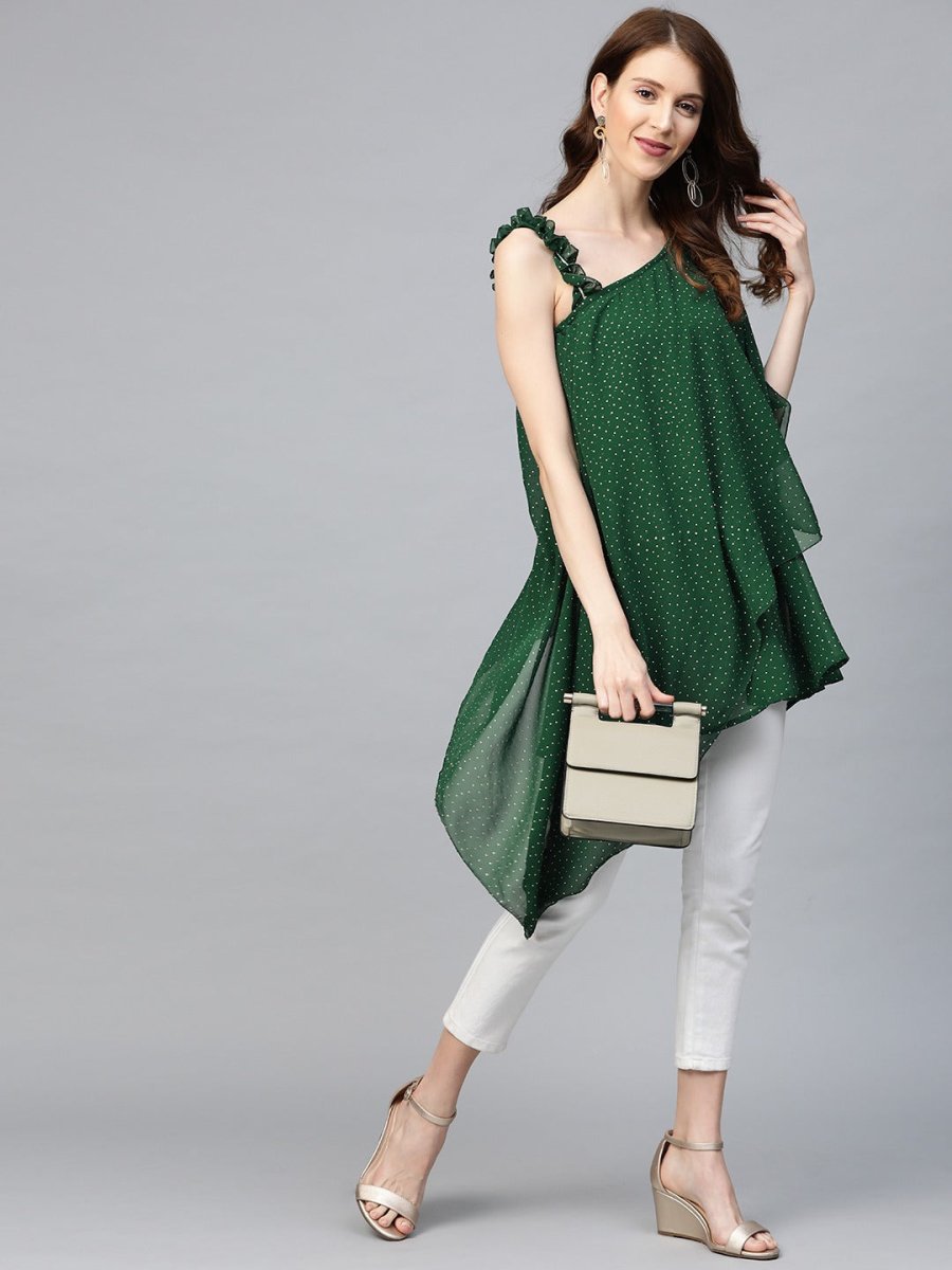 Ahalyaa Women One Shoulder Green Printed Beautiful Tunic