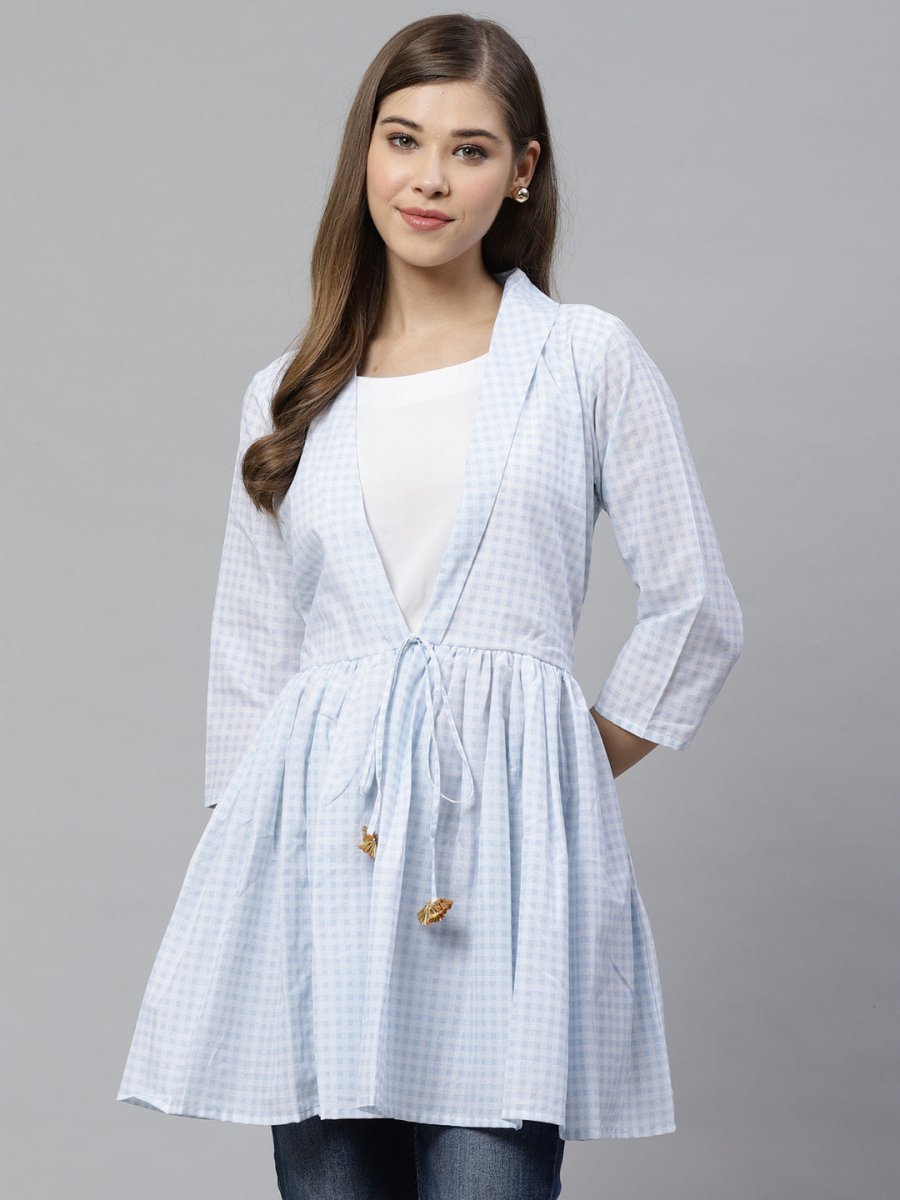 Ahalyaa Blue & White Checked Waist Tie-Up Tunic