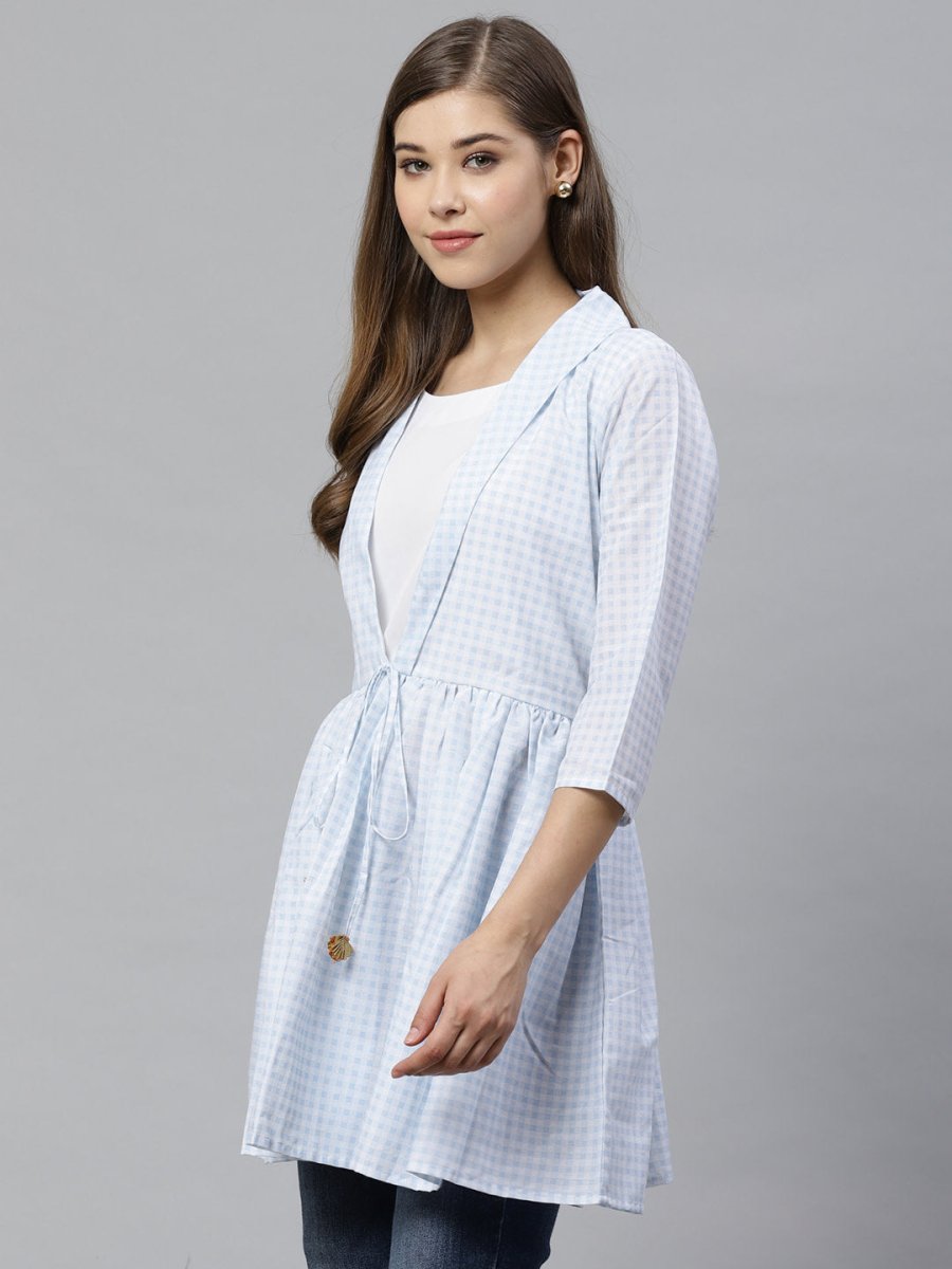 Ahalyaa Blue & White Checked Waist Tie-Up Tunic