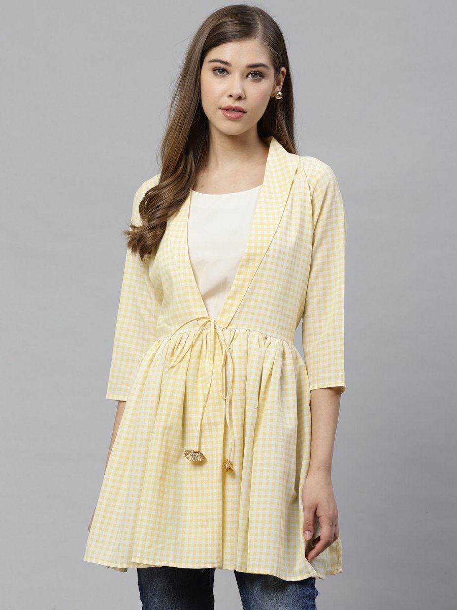 Ahalyaa Yellow & White Checked Waist Tie-Up Tunic