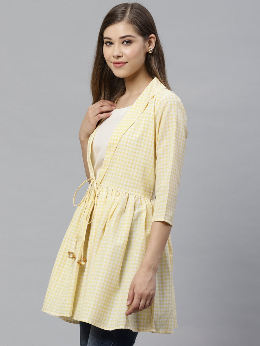 Ahalyaa Yellow & White Checked Waist Tie-Up Tunic