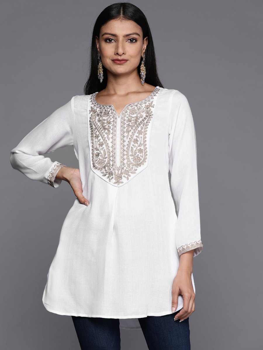 Ahalyaa White Pashmina Embroidered Tunic - Distacart
