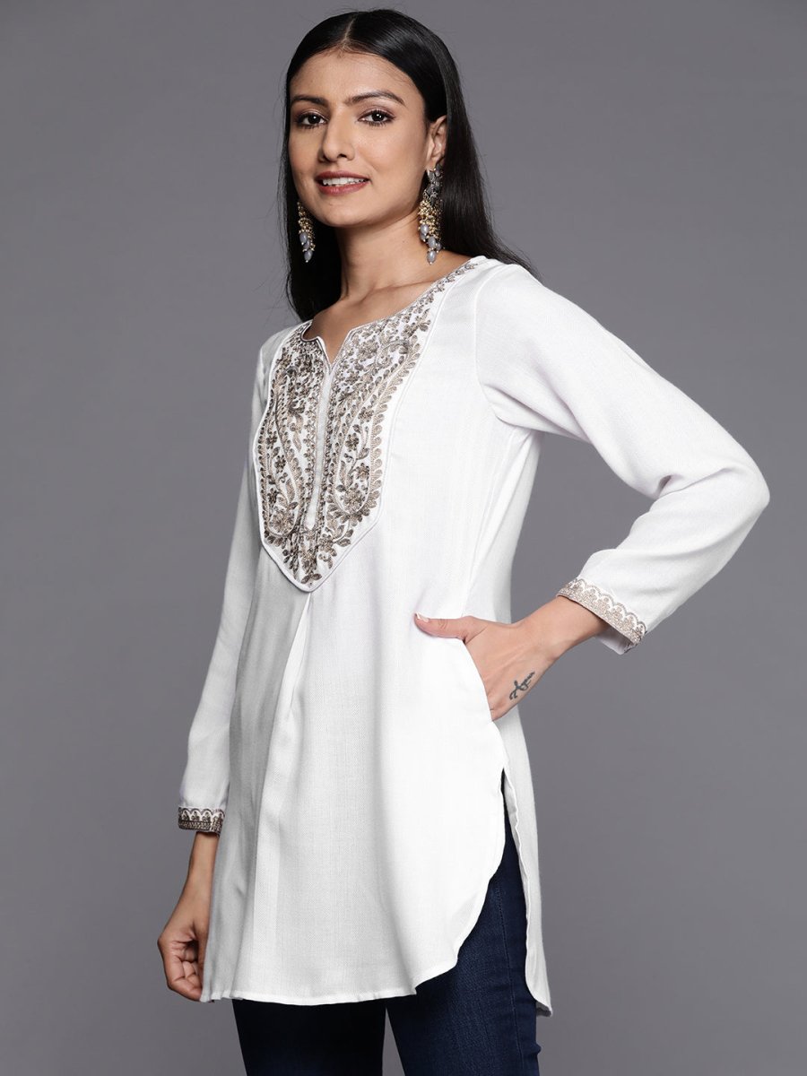 Ahalyaa White Pashmina Embroidered Tunic - Distacart