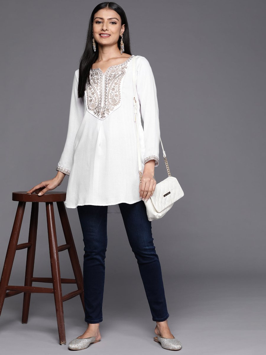 Ahalyaa White Pashmina Embroidered Tunic - Distacart