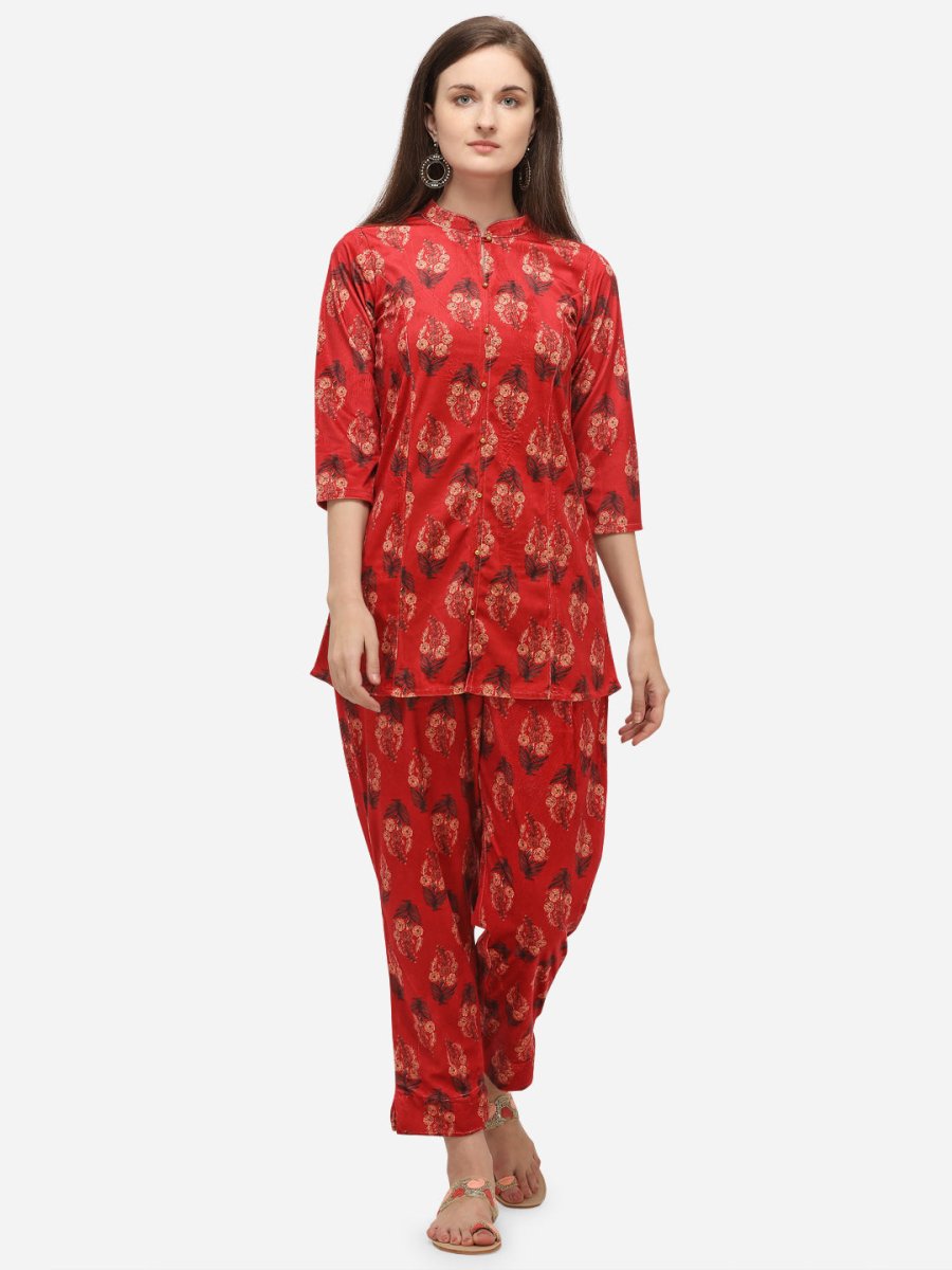 Ahalyaa Women Red Printed Velvet Kurti with Pyjamas - Distacart