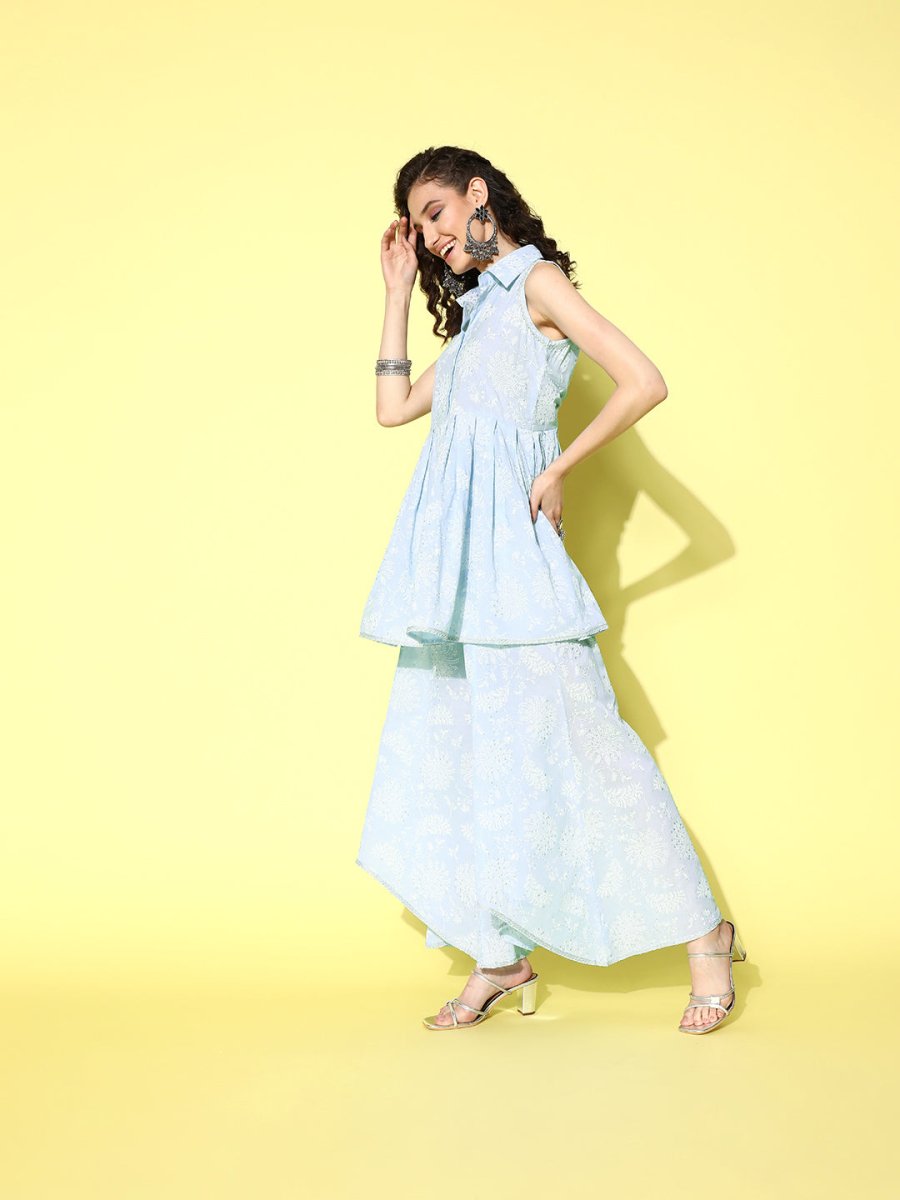 Ahalyaa Blue Pure Cotton Tunic & Palazzos Ethnic Co-Ords - Distacart