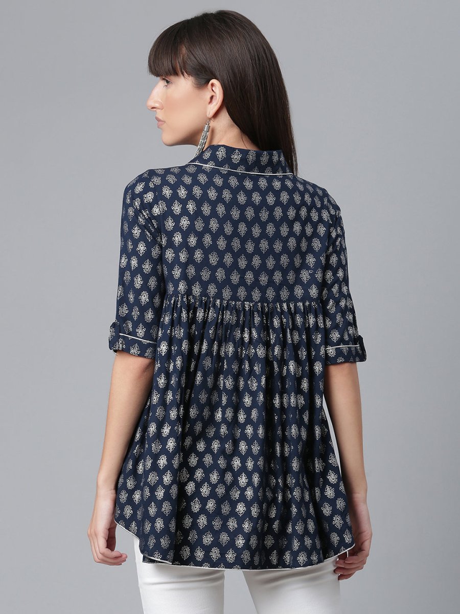 Ahalyaa Viscose Rayon Navy Blue Foil Silver Printed Western Tunic - Distacart