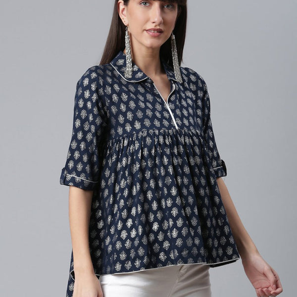 Ahalyaa Viscose Rayon Navy Blue Foil Silver Printed Western Tunic - Distacart