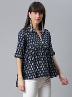 Thumbnail for Ahalyaa Viscose Rayon Navy Blue Foil Silver Printed Western Tunic - Distacart