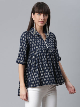 Ahalyaa Viscose Rayon Navy Blue Foil Silver Printed Western Tunic - Distacart