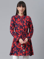 Thumbnail for Ahalyaa Navy Blue & Red Mandarin Collar Printed Tunic