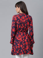 Thumbnail for Ahalyaa Navy Blue & Red Mandarin Collar Printed Tunic