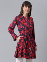Thumbnail for Ahalyaa Navy Blue & Red Mandarin Collar Printed Tunic