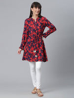 Thumbnail for Ahalyaa Navy Blue & Red Mandarin Collar Printed Tunic