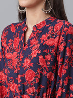 Thumbnail for Ahalyaa Navy Blue & Red Mandarin Collar Printed Tunic