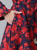 Thumbnail for Ahalyaa Navy Blue & Red Mandarin Collar Printed Tunic