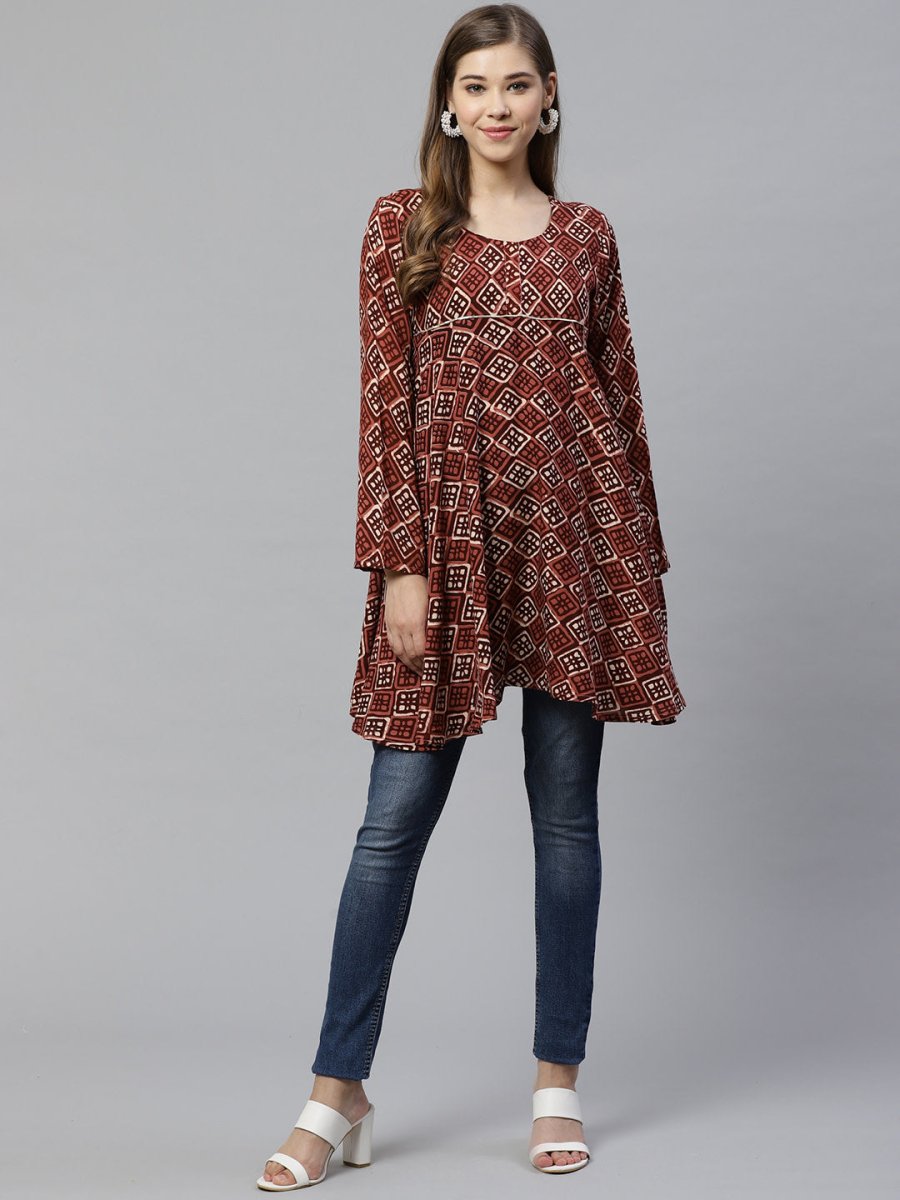 Ahalyaa Maroon & Beige Ethnic Printed Asymmetric Tunic