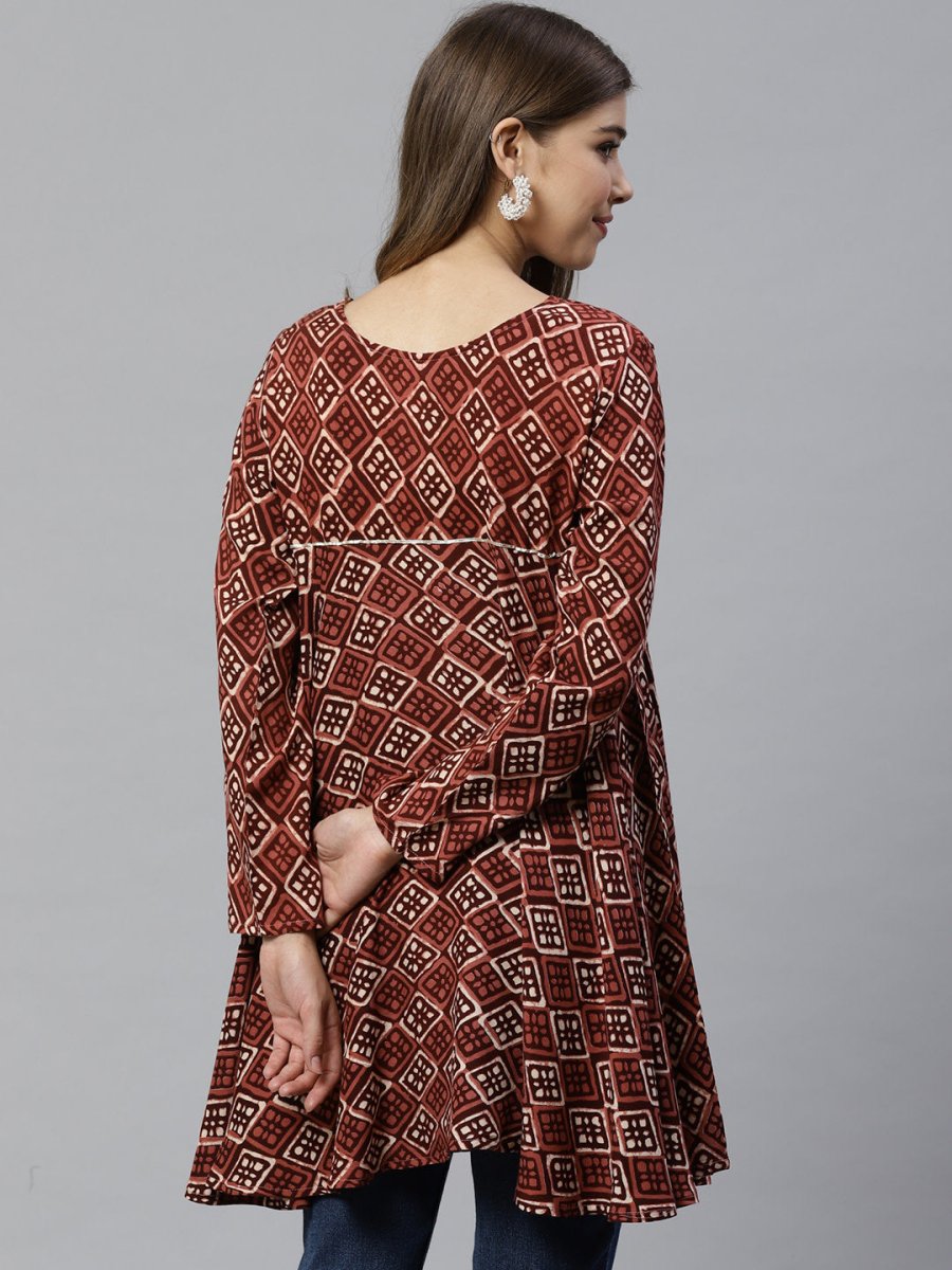 Ahalyaa Maroon & Beige Ethnic Printed Asymmetric Tunic
