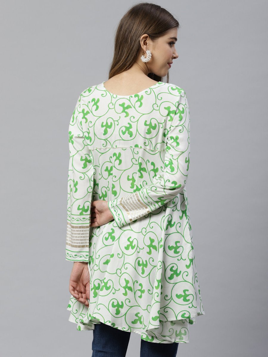 Ahalyaa White & Green Ethnic Printed Asymmetric Tunic