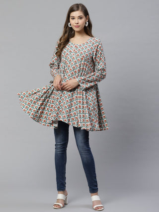 Ahalyaa Women White & Teal Green Ethnic Printed Asymmetric Tunic