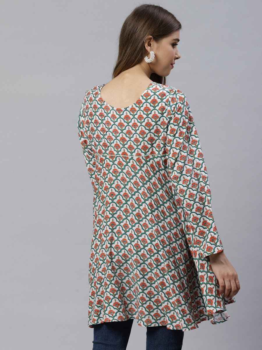 Ahalyaa Women White & Teal Green Ethnic Printed Asymmetric Tunic