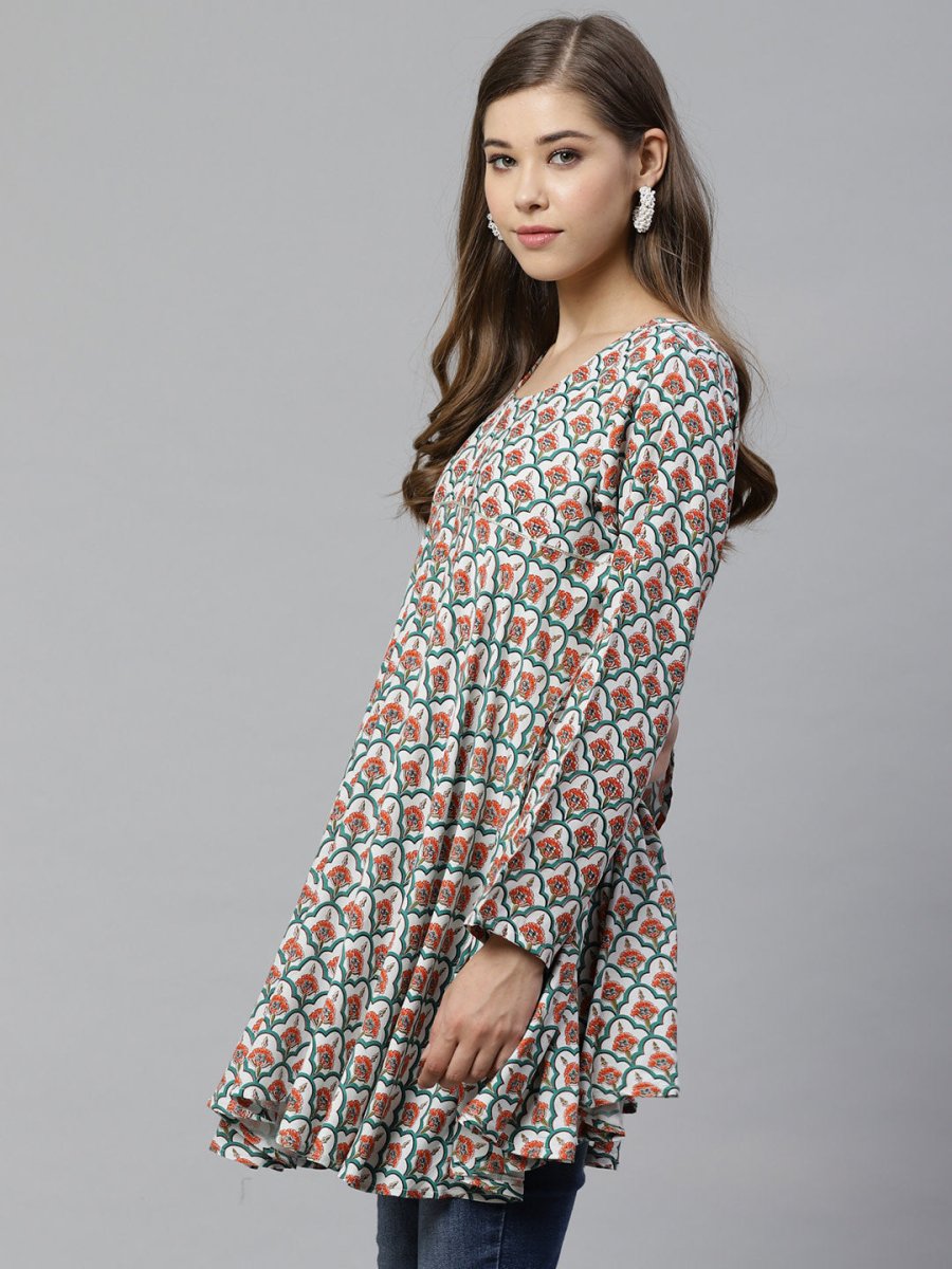 Ahalyaa Women White & Teal Green Ethnic Printed Asymmetric Tunic