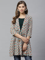 Thumbnail for Ahalyaa Women White & Teal Green Ethnic Printed Waist Tie-Up Tunic