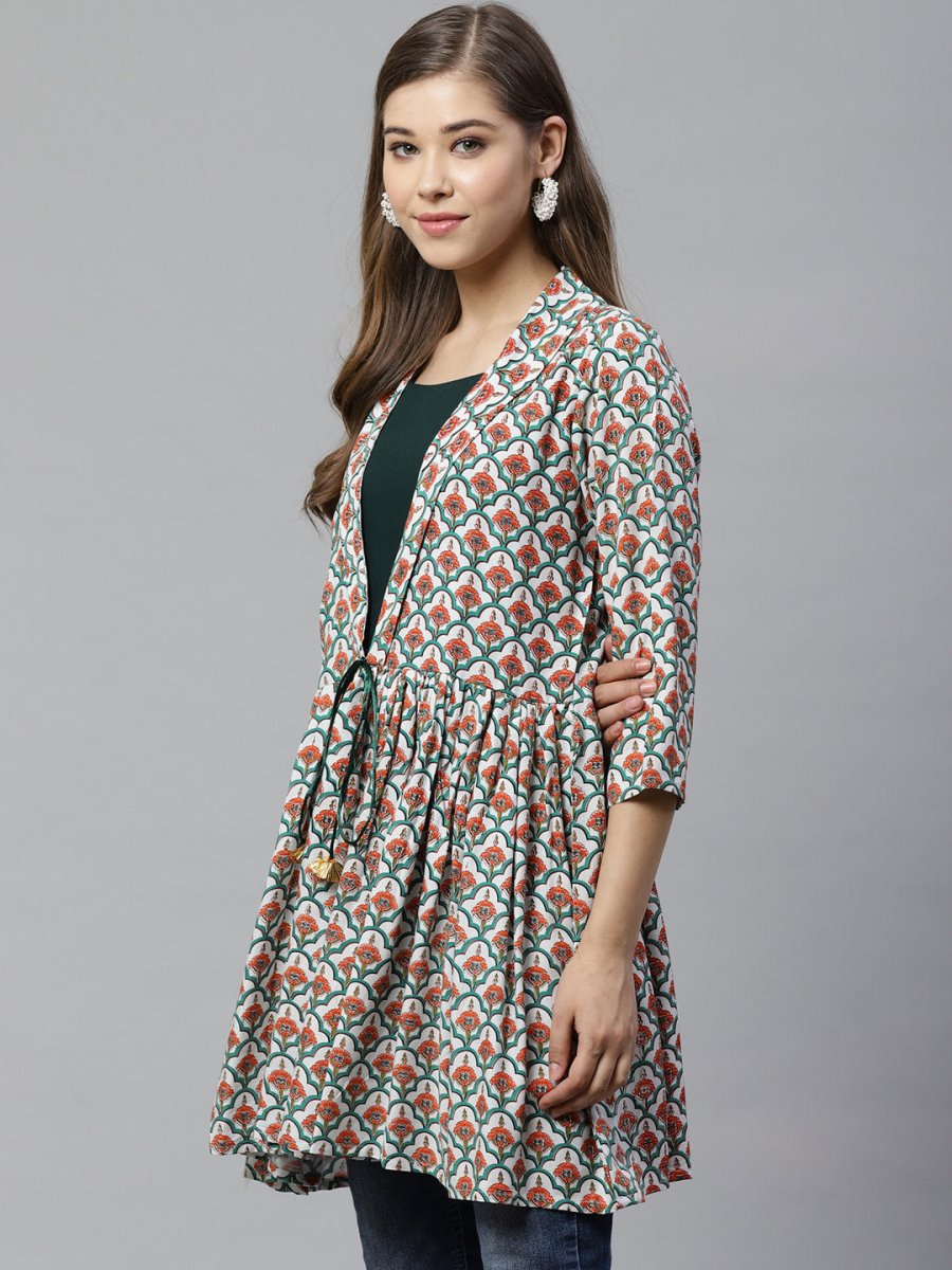 Ahalyaa Women White & Teal Green Ethnic Printed Waist Tie-Up Tunic