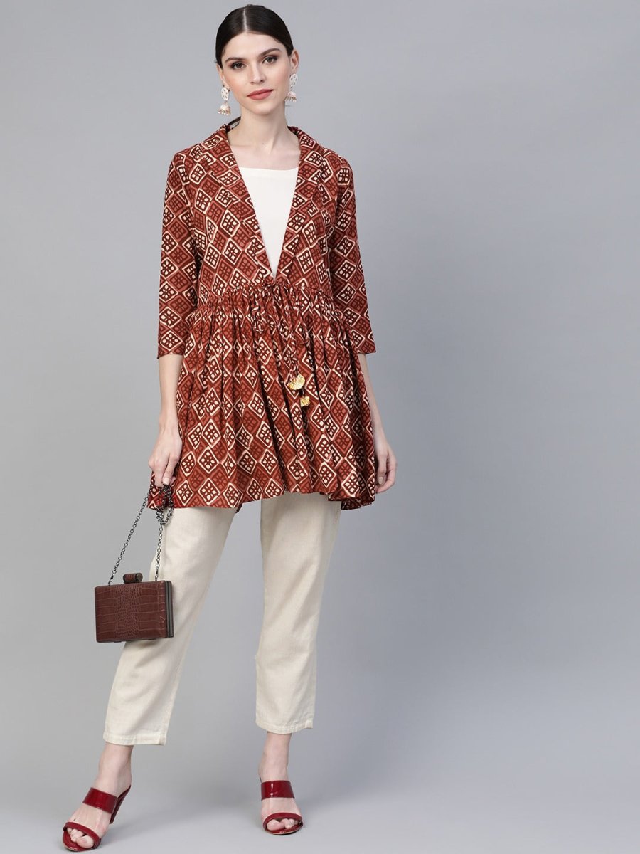 Ahalyaa Women's Brown & Cream-Coloured Printed A-Line Tunic