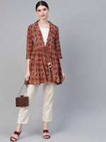 Thumbnail for Ahalyaa Women's Brown & Cream-Coloured Printed A-Line Tunic
