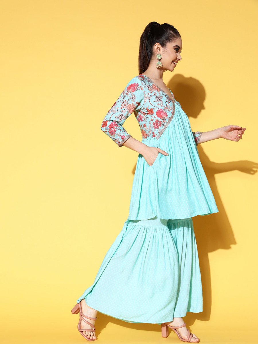 Ahalyaa Women Floral Printed Pleated Kurti with Sharara - Distacart