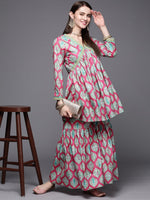 Thumbnail for Ahalyaa Women Pink Ethnic Motifs Gotta Patti Velvet Kurta with Palazzos - Distacart