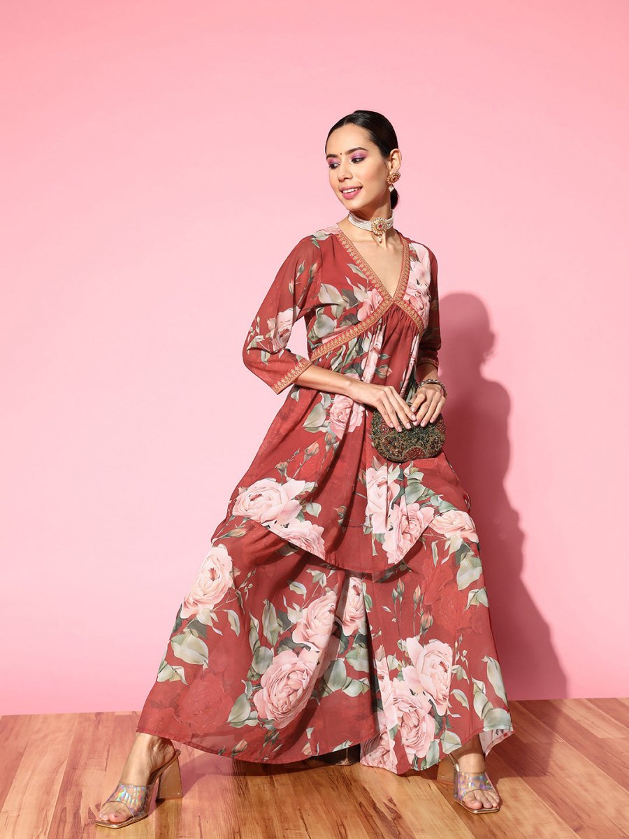 Ahalyaa Women Red Floral Printed Empire Thread Work Kurti With Sharara - Distacart