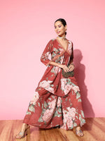 Thumbnail for Ahalyaa Women Red Floral Printed Empire Thread Work Kurti With Sharara - Distacart